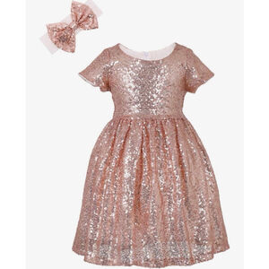 NEW Pink Girls Sequin Party Wedding Princess Dress & Bow 7/8 Yrs